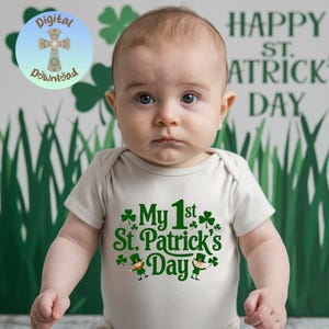 My 1st St. Patrick’s Day PNG, Cute Baby St. Paddy’s Clipart, Green Clover Irish Digital Download, Lucky Shamrock Design, Trendy PNG