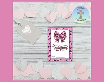 Rosa Camo Kokette Bogen Valentinskarten, Kinder Klassenzimmer Börse, Jagd Mädchen Schule Valentine, Tarnung Herz druckbare, digitaler Download