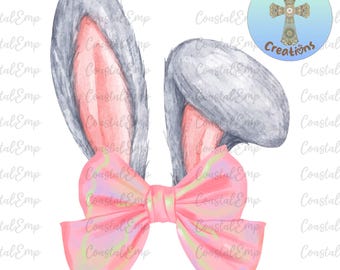 Watercolor Bunny Ears PNG with Pink Bow – Cute Easter Clipart for Sublimation, Spring Shirt Design Digital Download