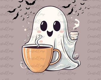Cute Ghost Coffee PNG, Trendy Halloween Coffee Lover Clipart, Fall Spooky Season Art, Digital Download, Printable Ghost Coffee Design