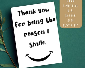 Smile Thank You Card Printable, Instant PDF Greeting Card, Trendy DIY Digital Download, Editable Thank You Card Template