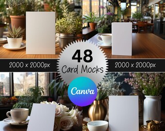 Puede incluir: Imagen compuesta con tarjetas blancas en blanco, plantas y tazas de café sobre mesas de madera. El texto "48 Card Mocks" y "Canva" está presente. Las tarjetas se presentan en varios entornos, sugiriendo maquetas para papelería o diseño.