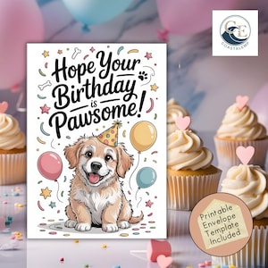 Hope Your Birthday Is Pawsome afdrukbare kaart pdf, schattige hondverjaardagskaart met ballonnen, grappige puppykaart, trendy afdrukbare kaart pdf