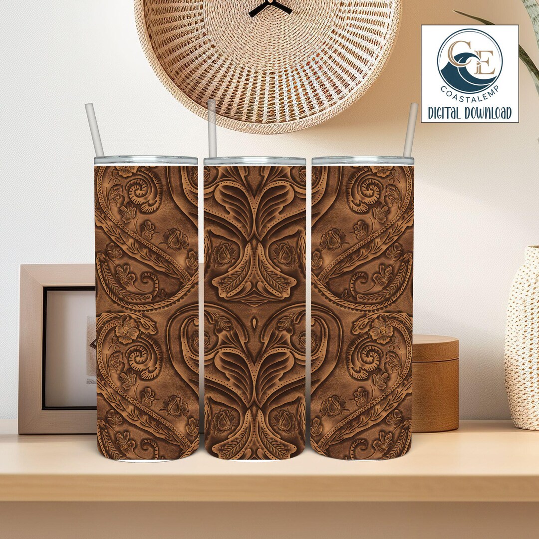 Western Tooled Leather Tumbler Wrap PNG, Trendy 20oz Skinny Cup Design ...
