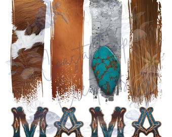May include: A digital design featuring the word "MAMA" in a rustic, southwestern style. The letters are decorated with turquoise, brown, and white accents. The background features abstract brushstrokes in brown, white, and gray.
