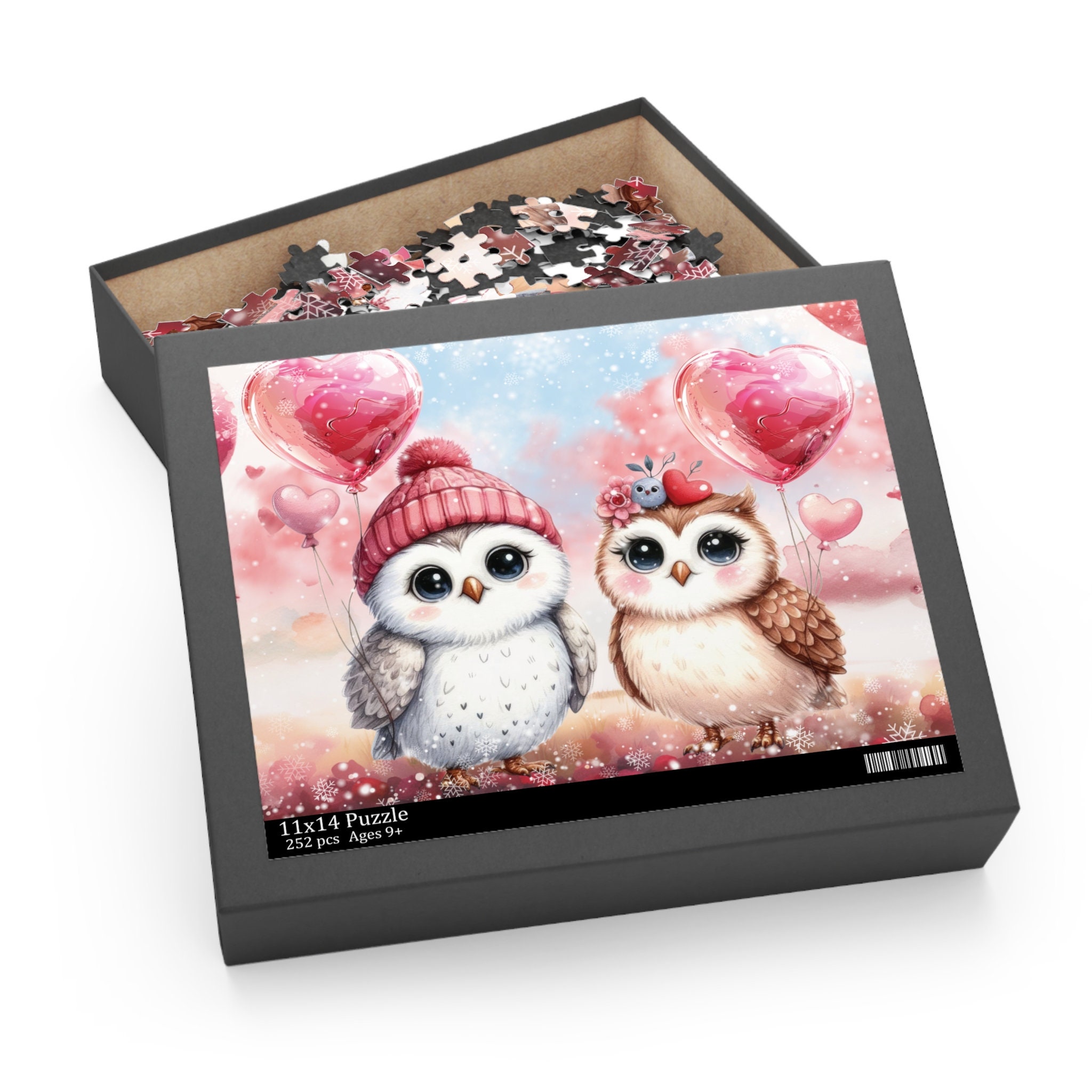 Puzzles of Two Loving Owls Puzzle with heart-shaped balloons. Puzzles come in sizes: 120 pieces, 252
