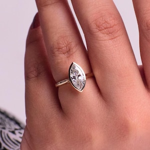 Marquise Lab Created Diamond Bezel Set Ring / Split Shank Engagement Ring / 14k Gold  Diamond Solitaire Ring / F VS1 IGI Certified