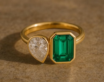 Solid Gold Toi et Moi Ring, Bezel Set Lab Grown Pear & Emerald Engagement Ring, Two Stone Ring, Birthday Gift for Her