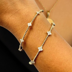1TCW Lab Grown Diamond Bracelet, Beaded Flexible Bangle, Flower Cluster, 14k Solid Yellow White Rose Gold, Flexible Diamond Bangle