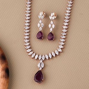 Tennis Necklace, Marquise Cut Diamond Choker Necklace, Wedding Necklace, Bridal Necklace, Gift for Her, Layering Necklace, Ruby Necklace Set