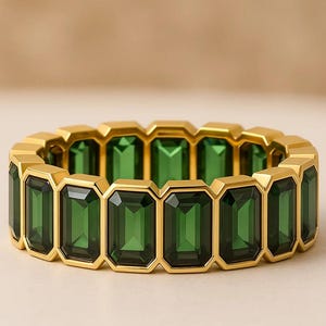 Green Emerald Full Eternity Wedding Band Solid 14k Gold Emerald Cut Gemstone Ring May Birthstone Anniversary Gifts Handmade Ring