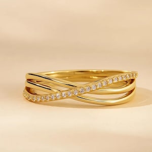 Crossover Triple Ring 14K Gold Pave Diamond Rolling Ring Gold Triple Stacking Ring Interlocking Bands Dainty Cross Ring Diamond Wrap Ring.