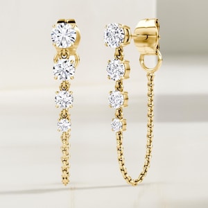 Chain earrings / 14k Gold Prong Setting Diamond Studs Chain Earrings / Dangle Earrings / Statement Earrings / Dainty Diamond Earrings