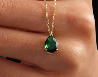 Emerald Green Necklace, May Birthstone Pendant, Solid Gold Emerald Necklace, Teardrop Emerald Jewelry, Minimalist Necklace, Mother's Day