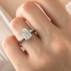 Emerald Cut Lab Grown Diamond Engagement Ring, Solid Gold Three Stone Ring with Tapered Baguette Diamond, Promise Ring, Anniversary Gift