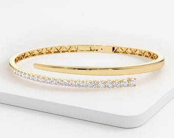 Unique Diamond Bangle Bracelet 1ct, 14K Cross Over Bangle, Graduating Diamond Bracelet, Diamond Gold Bracelet Bangle, Ladies Bracelet Bangle