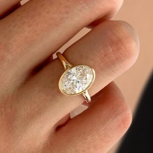 2 Carat Oval Lab Grown Diamond Solitaire Ring / Bezel Set CVD Diamond Engagement Ring / 2ct Oval Split Shank Engagement Ring /Cathedral Ring