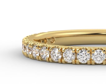 Alianza de bodas de oro amarillo con diamantes - Anillo de bodas fino con diamantes - Anillo de oro amarillo macizo de 14 k con diamantes - Alianza de media eternidad con diamantes - Aniversario