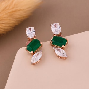 14K Solid Gold Emerald Green Gemstone Drop Studs Earrings, Three Stone Drop Stud Earrings, 14K Real Gold Emerald Stud Earrings