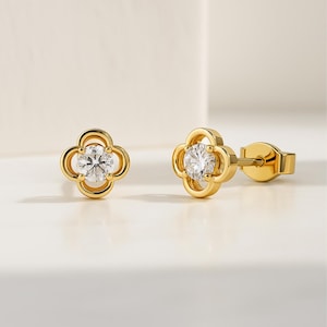 Diamond Studs | 14k Gold Lab Diamond Flower Clover Classic Dainty Stud Earrings for Women by Elysea Fine Jewelry |  Birthday Gift