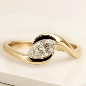 Marquise Cut Engagement Ring, 14K Gold East West Marquise Shaped Lab Grown Diamond Engagement Ring, Anniversary Gift for Her