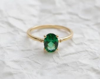 14k Solid Gold Emerald Ring • Tiny Green Gem Promise Ring for Women • Dainty Stackable Jewelry Gift