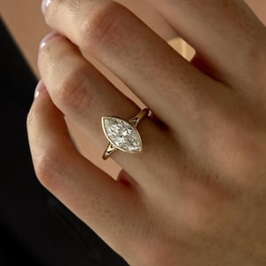 2 Carat Marquise Lab Created Diamond Bezel Set Ring / Split Shank Engagement Ring / 2CT Marquise Diamond Cathedral Ring in 14k Gold