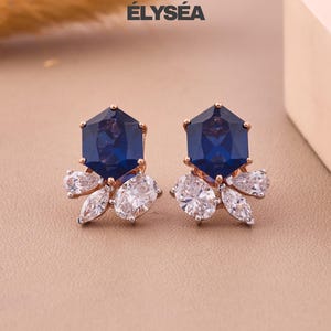 14K Gold Blue Sapphire Earrings, Sapphire Diamond Earrings, Lab Grown Diamond Sapphire Hexagon Stud Earrings, September Birthstone Earrings