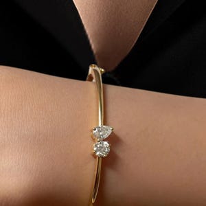 14K Gold Minimalist Bracelet, Pear & Round Shape Solitaire Bangle, Diamond Bangle Bracelet, Tear Drop Bracelet Bangle, Birthday Gift