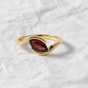 Marquise Cut Red Garnet Engagement Ring, Solitaire Bypass Anniversary Band, 14K Solid Gold, Sterling Silver, Gold , Minimalist Design