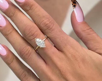 2 Carat Marquise Cut Lab Grown Diamond Engagement Ring / IGI Certified / Solitaire Hidden Halo  / Thin 14k Yellow Gold Band