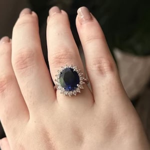 Statement 6 Carats Lab Grown Royal Blue Sapphire Ring, Oval 12×10mm Blue Sapphire Halo Cocktail Ring, Princess Diana Engagement Ring