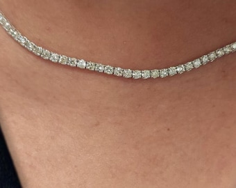 7 Ct Round Tennis Diamond Necklace, 16 inch Diamond Tennis Necklace, 14K Gold Lab Grown Diamond Necklace, Beautiful White Diamonds For Women