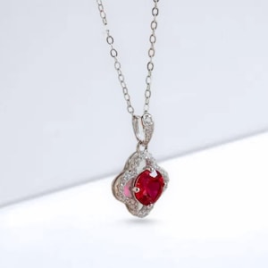 Ruby Clover Silver Necklace | Ruby Red Stone Jewelry | Anniversary Birthday Gift for Her | 14K Solid Gold Ruby Necklace