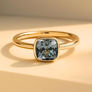 Solid Gold Cushion Blue Aquamarine Dainty Ring, Gold Minimalist Ring, March Birthstone Ring, Thin Ring Delicate Ring, Gift for Her, Gemstone