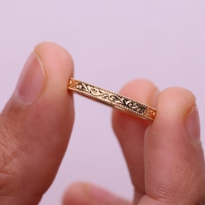 Vintage Yellow Gold Stacking Wedding band, Antique Plain Gold wedding ring Full eternity Carved Filigree Bridal ring Promise Milgrain ring