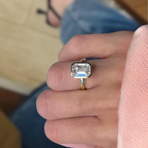 3 Carat Emerald Cut Lab Grown Diamond Bezel Set Solitaire Engagement Ring in 14k Yellow Gold / Stylish IGI Certified Engagement Ring