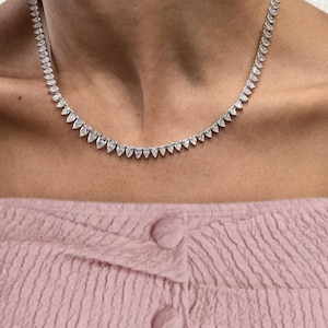 Tennis Necklace, Lab Grown Graduated Diamond Tennis Necklace, Real 14k White Gold, Pear Cut Necklace, Diamond Choker Necklace, For Women
