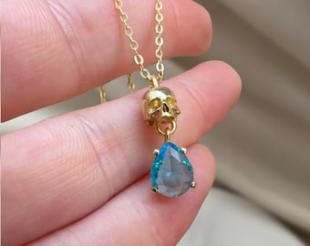 Memento Mori Birthstone Necklace, 10k Rose Gold Skull, Minimalist Skull Necklace, Drop Cut Amethyst Stone, Gothic Necklace, Death Jewelry