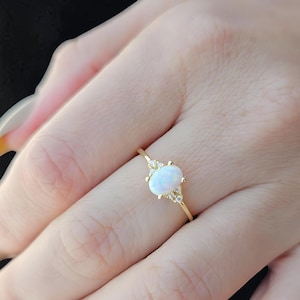14k Gold Oval Opal Solitaire Diamond Ring, Dainty Engagement Ring Women, Opal Proposal Ring, Sterling Silver Opal Ring, October Birthstone