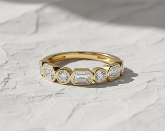 Fede nuziale con diamanti, oro 14k, 0,95 ct, smeraldo e castone rotondo, mezza eternità, anello di anniversario con diamanti coltivati in laboratorio, anello nuziale