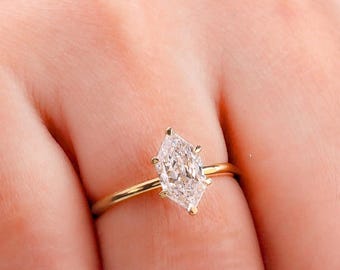 Elongated Hexagon Cut Diamond Muse Engagement Ring, IGI Certified F/VS Lab Grown Diamond 1 to 3 Carat, Unique Wedding Ring Anniversary Gifts