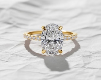 Anillo de compromiso con diamante cultivado en laboratorio de 2 quilates, ovalado, con halo oculto y certificación IGI.