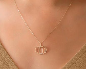 Pompoenketting, gouden pompoenhangerketting, 14K massief goud, Halloween-sieraden, Trick or Treat, gegraveerd cadeau, Thanksgiving-sieraden