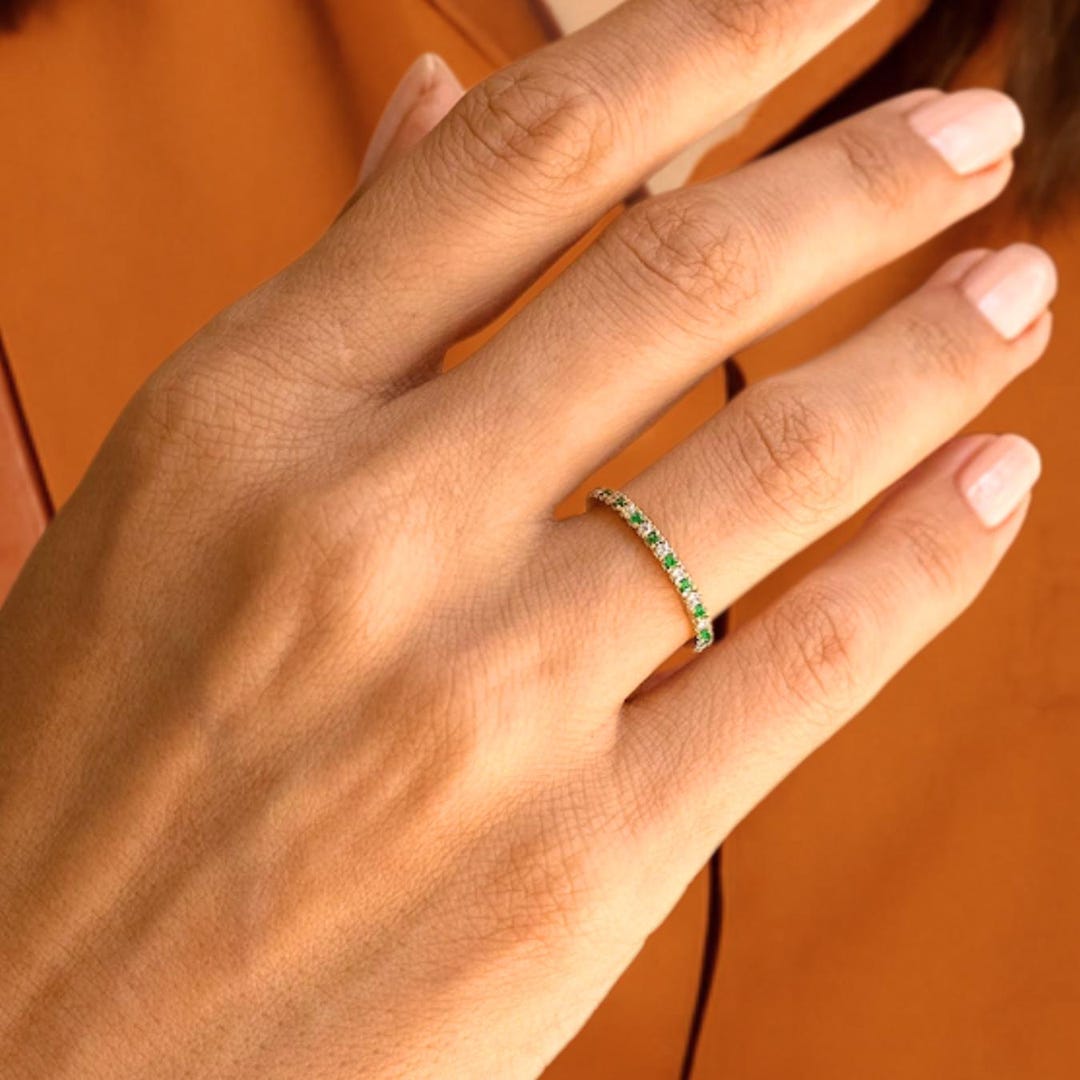 14k Gold Emerald Eternity Ring: Lab Grown Diamond Stackable Band - Etsy