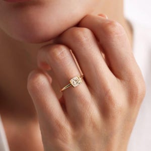 1 Carat Cushion Lab Solitaire Ring / Elongated Cushion Cut Engagement Ring / 14K White Gold / 1 CT Diamond Ring /Half Bezel Ring / Thin Ring