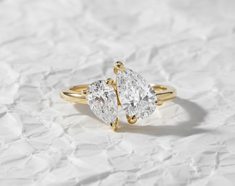 Toi et Moi Ring, Promise Ring, Engagement Ring, Two Stone Ring, Wedding Ring, Anniversary Gift, Gift for Her, 14K Gold 2.05 ctw Pear Ring
