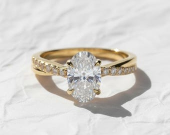 Oval Cut Lab Grown Diamond Engagement Ring, 14k Gold Pave Twisted Band, Wedding Ring For Her, Anniversary Ring