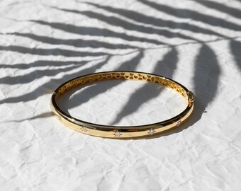 Brazalete Starburst de oro de 14 quilates, brazalete Starburst con diamantes en capas, brazalete con cúpula de oro auténtico, brazalete apilable, regalo para mamá