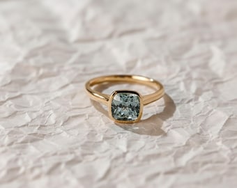 Solid Gold Cushion Blue Aquamarine Dainty Ring, Gold Minimalist Ring, March Birthstone Ring, Thin Ring Delicate Ring, Gift for Her